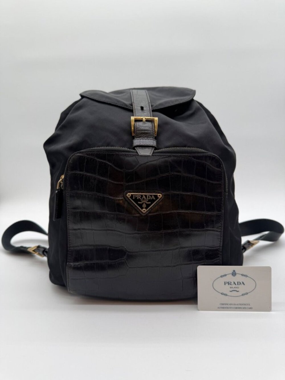 Prada Backpack Croco Nylon Black Triangle Logo